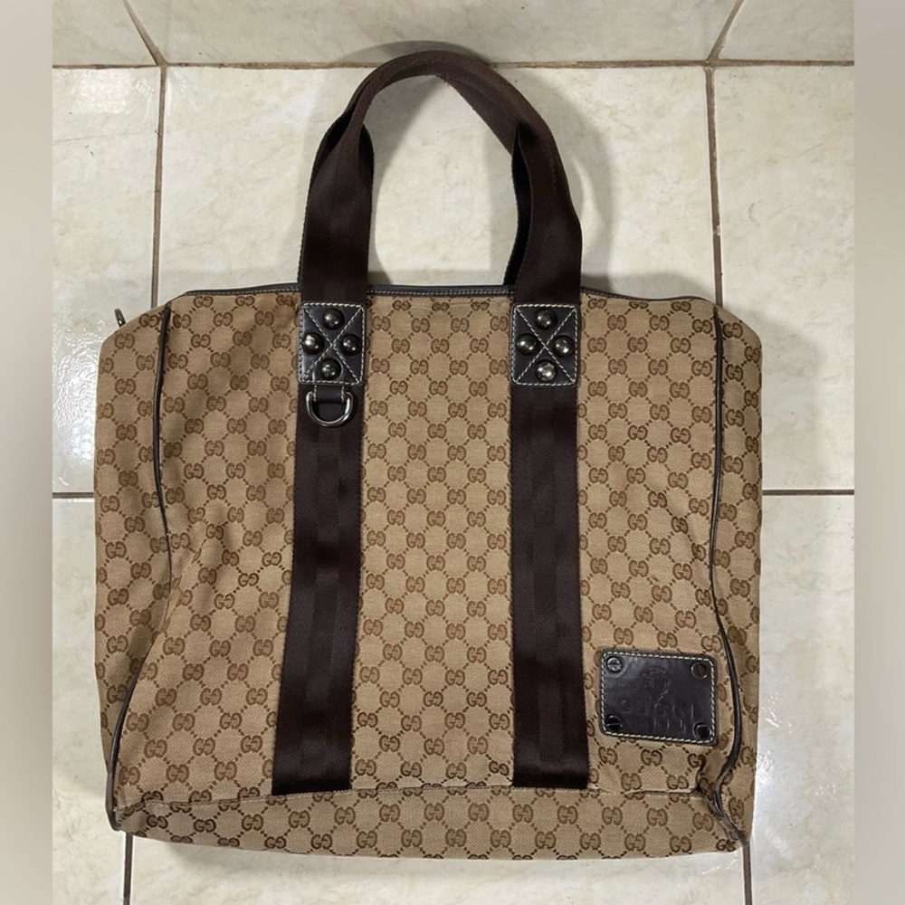 Authentic Gucci Brown Tote with Monogram Canvas and Leather Accents